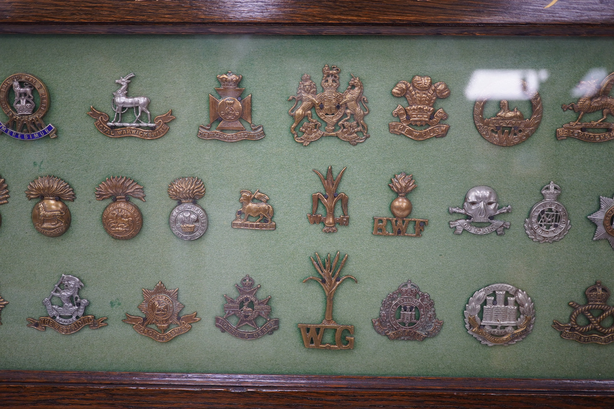 An oak framed display case of cap badges from the British, Colonial and Dominion Regiments, forty-nine badges including Australian Commonwealth Military Forces, the Royal Warwickshire Regiment, the Wiltshire Regiment, th